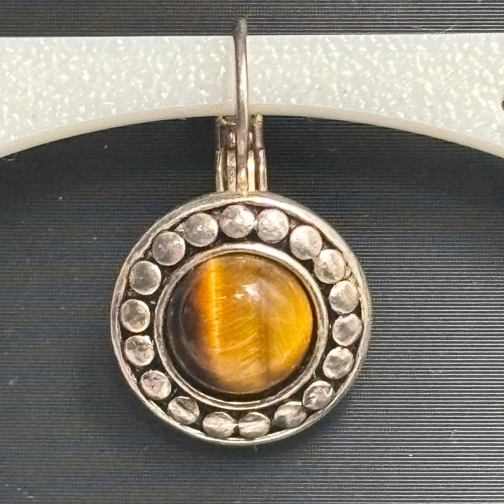 Vintage Brown Tigers Eye Silver Tone Dotted Border Lever Back Drop Earring